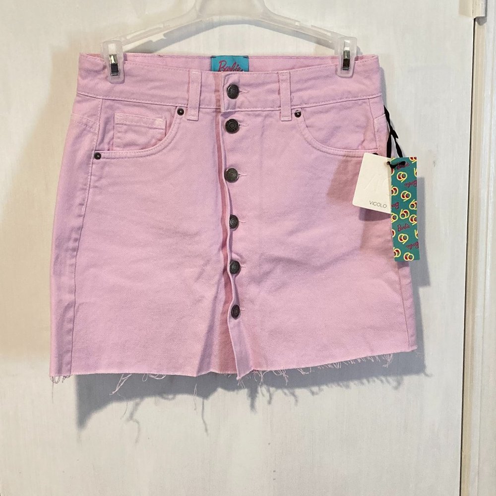 Barbie x Vicolo women's S pocketed six button fly cotton frayed hem mini skirt